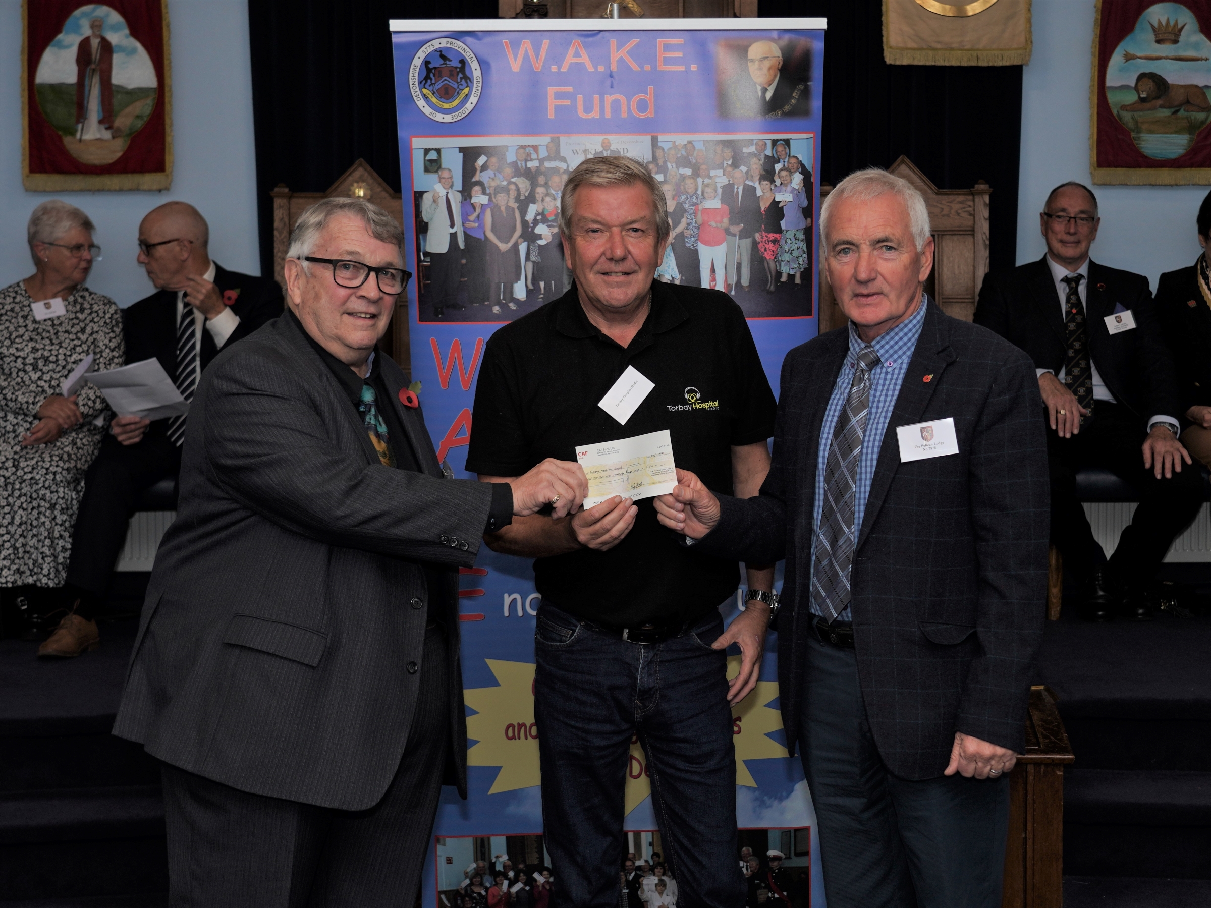 Geoff with Devon Freemasons collecting Wake Fund cheque